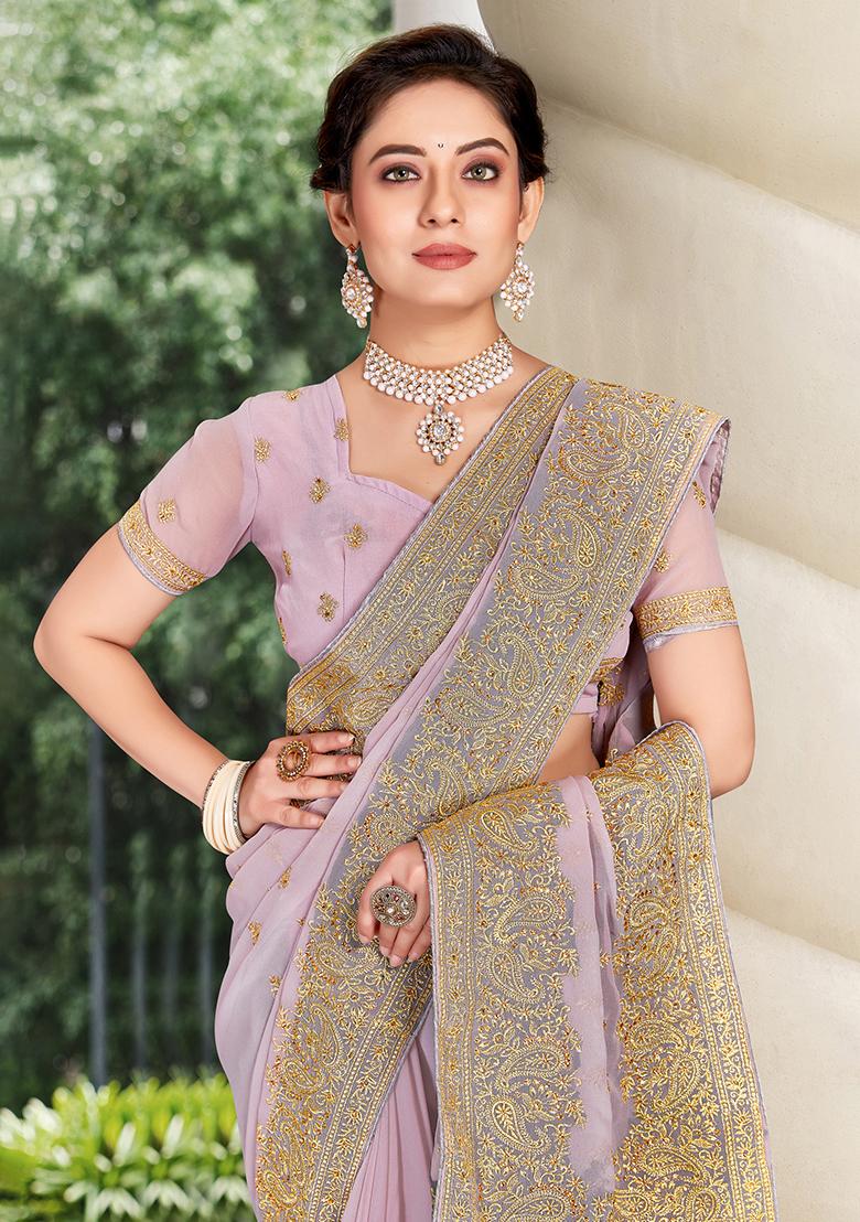 Lavender Embroidery Georgette Saree Set - Indya