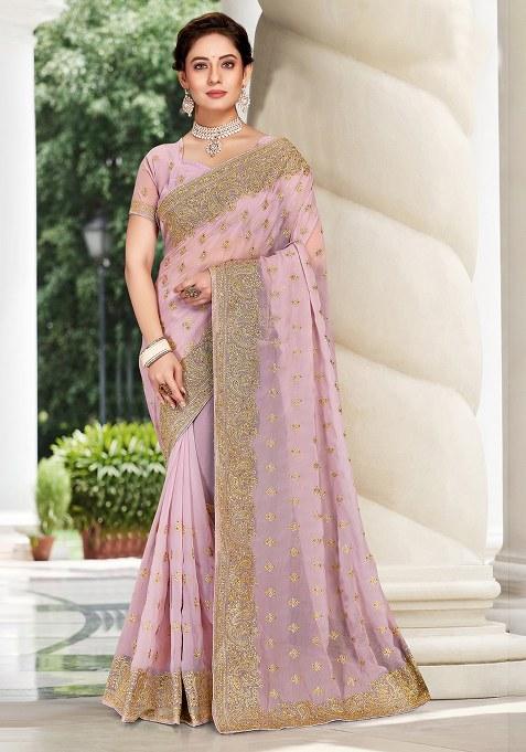 Lavender Embroidery Georgette Saree Set