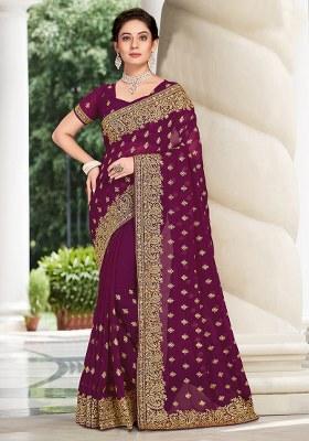 Wine Embroidery Georgette Saree Set