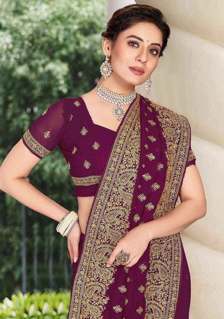 Wine Embroidery Georgette Saree Set - Indya