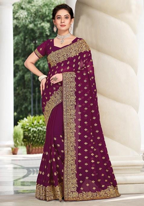 Wine Embroidery Georgette Saree Set