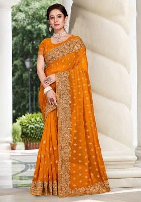Mustard Embroidery Georgette Saree Set