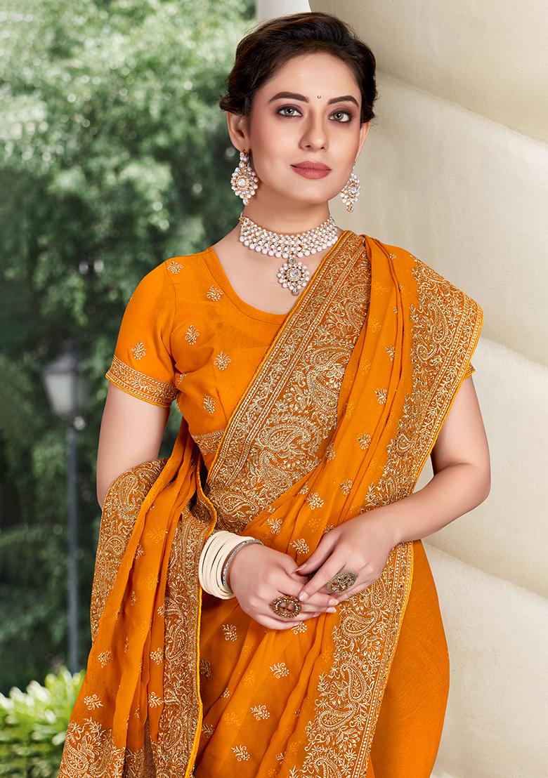 Mustard Embroidery Georgette Saree Set - Indya