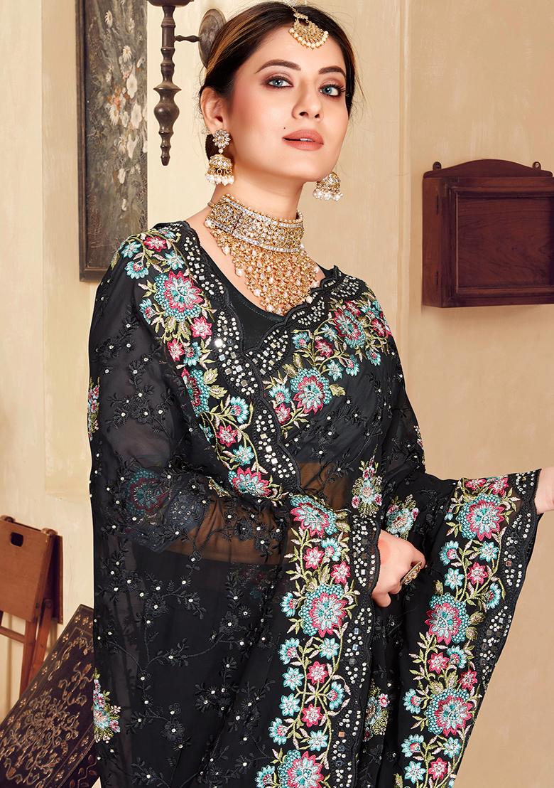 Black Embroidery Georgette Saree Set - Indya