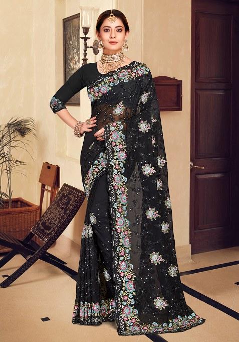 Black Embroidery Georgette Saree Set
