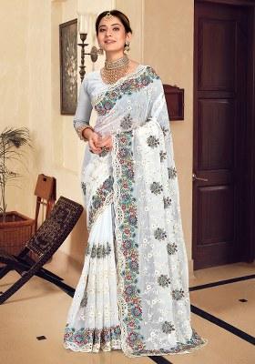 White Embroidery Georgette Saree Set
