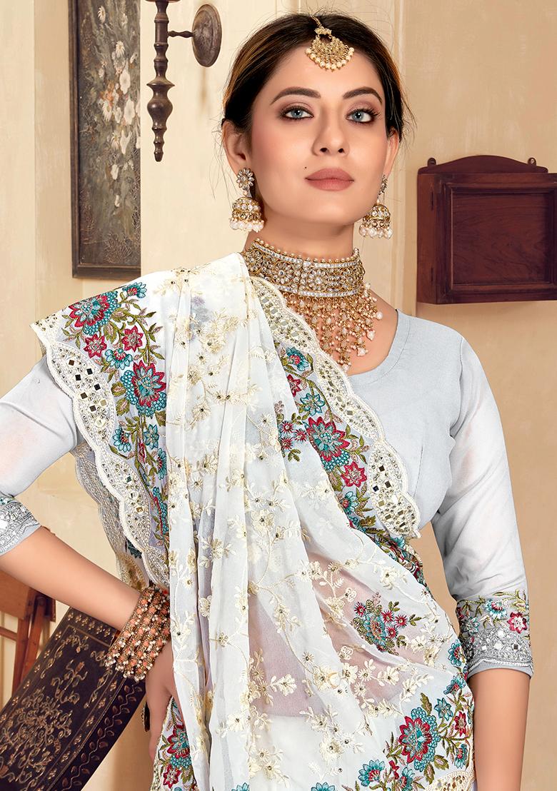 White Embroidery Georgette Saree Set - Indya