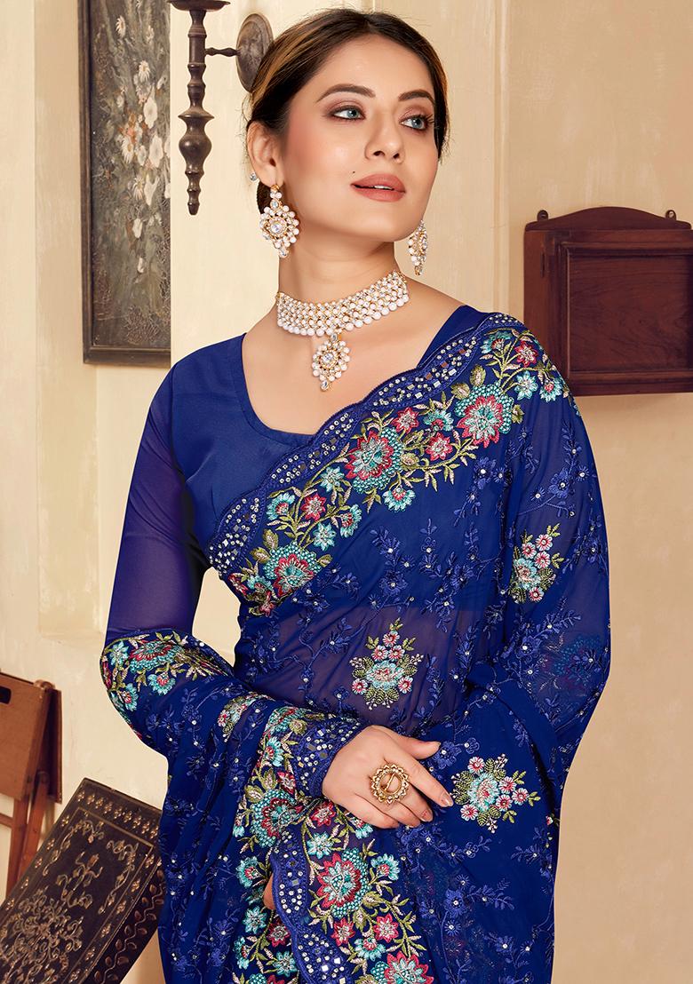 Navy Blue Embroidery Georgette Saree Set - Indya