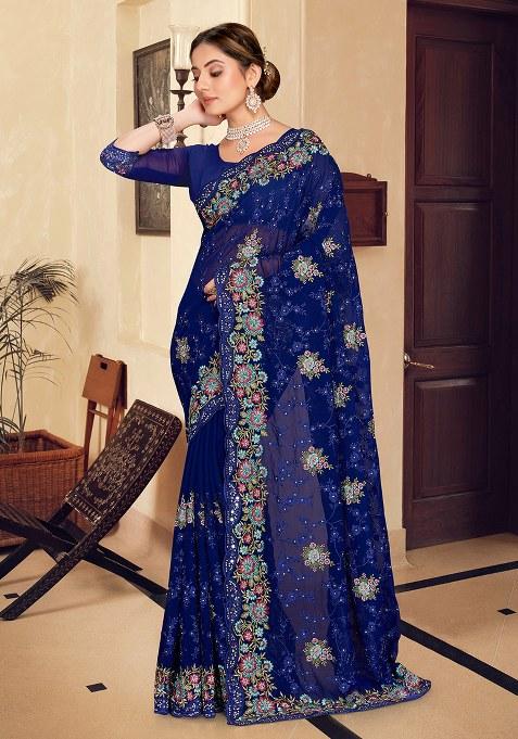 Navy Blue Embroidery Georgette Saree Set