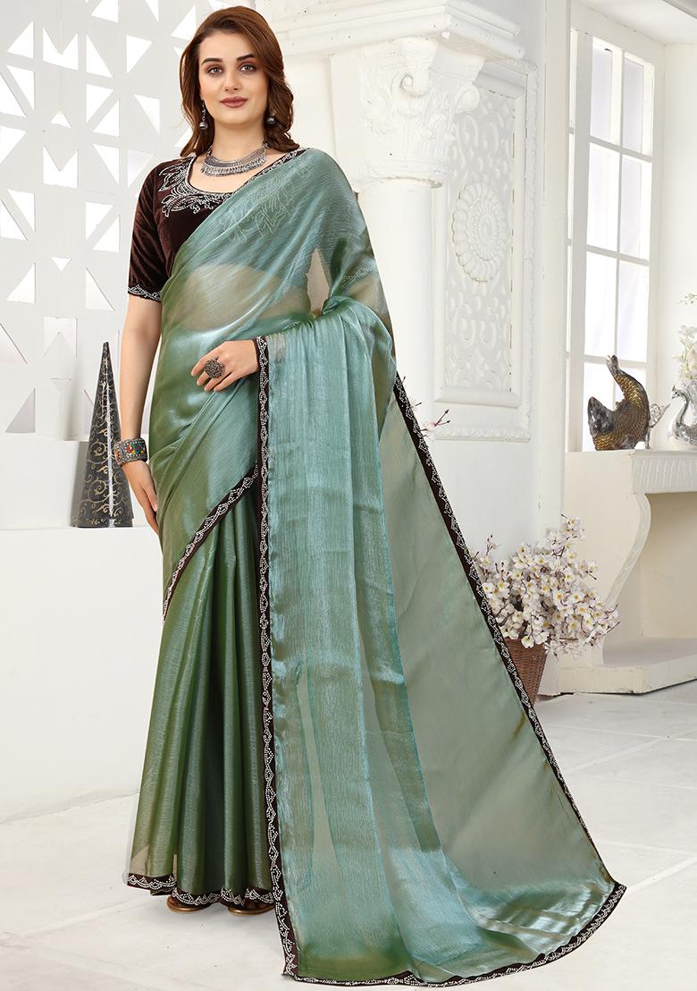Green Zarkan Jimmy Choo Crush Saree Set - Indya