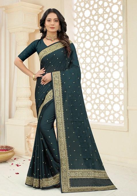 Morpeach Embroidery Silk Saree Set