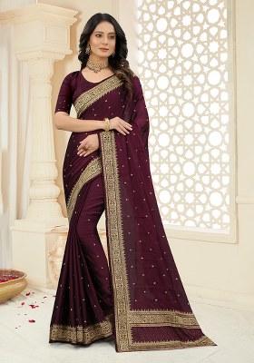 Wine Embroidery Silk Saree Set