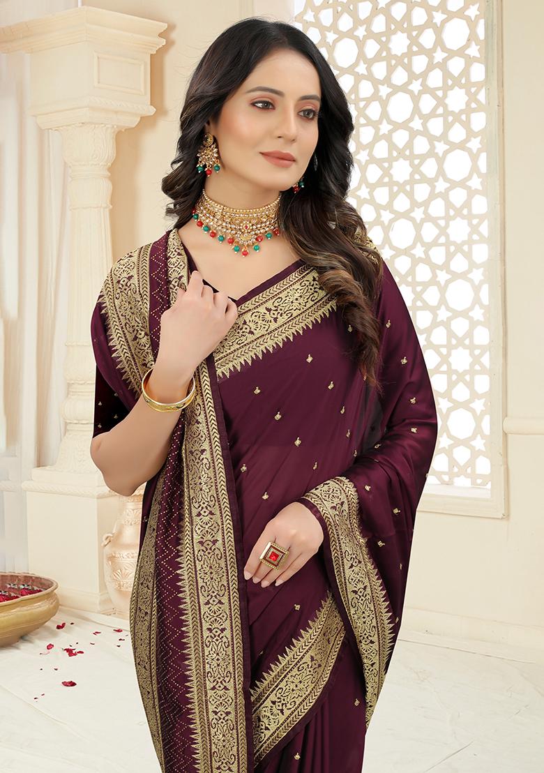 Wine Embroidery Silk Saree Set - Indya