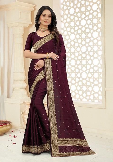 Wine Embroidery Silk Saree Set