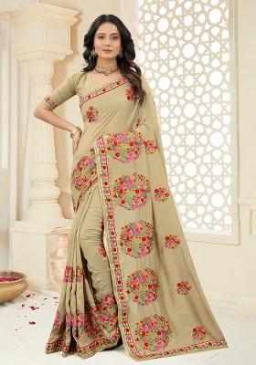Chiku Embroidery Silk Saree Set