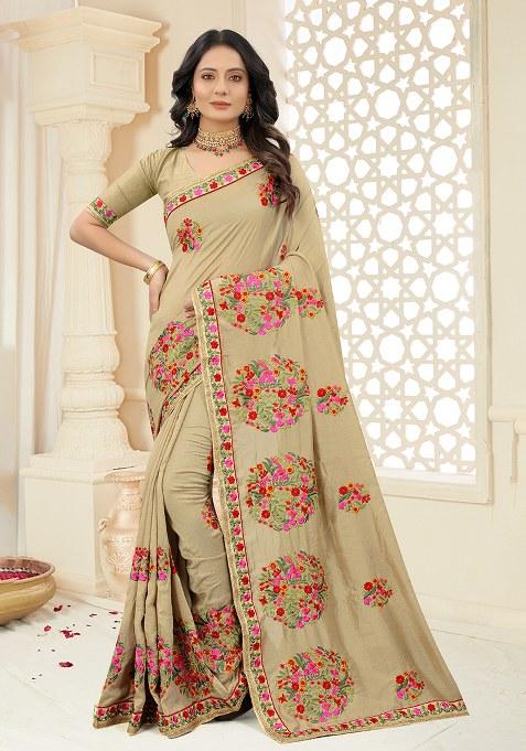 Chiku Embroidery Silk Saree Set