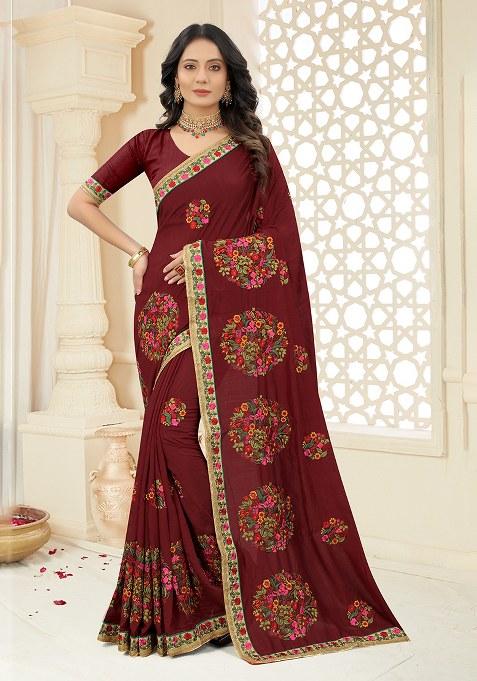 Maroon Embroidery Silk Saree Set