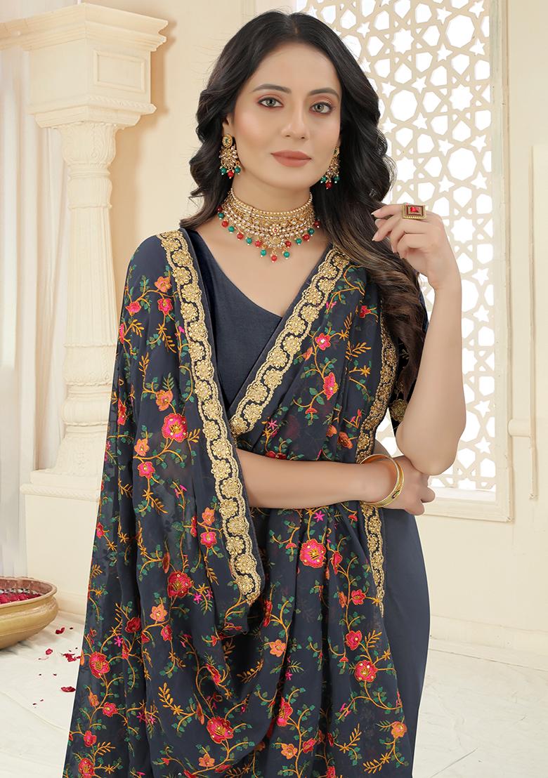 Grey Embroidery Georgette Saree Set - Indya