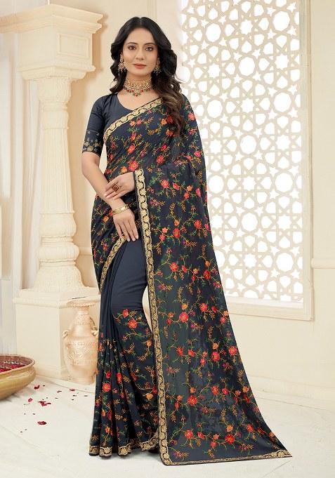 Grey Embroidery Georgette Saree Set