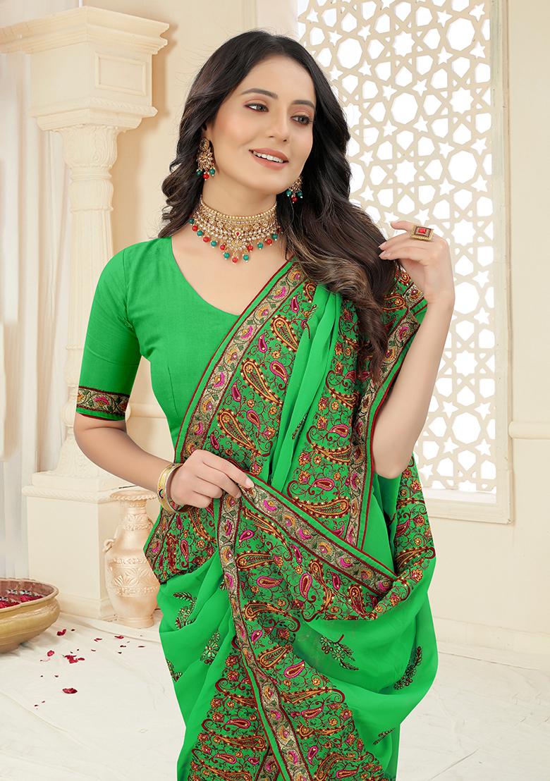 Parrot Embroidery Georgette Saree Set - Indya