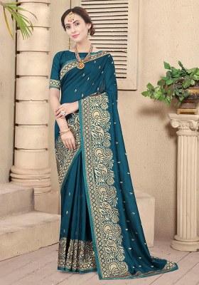 Morpeach Embroidery Silk Saree Set