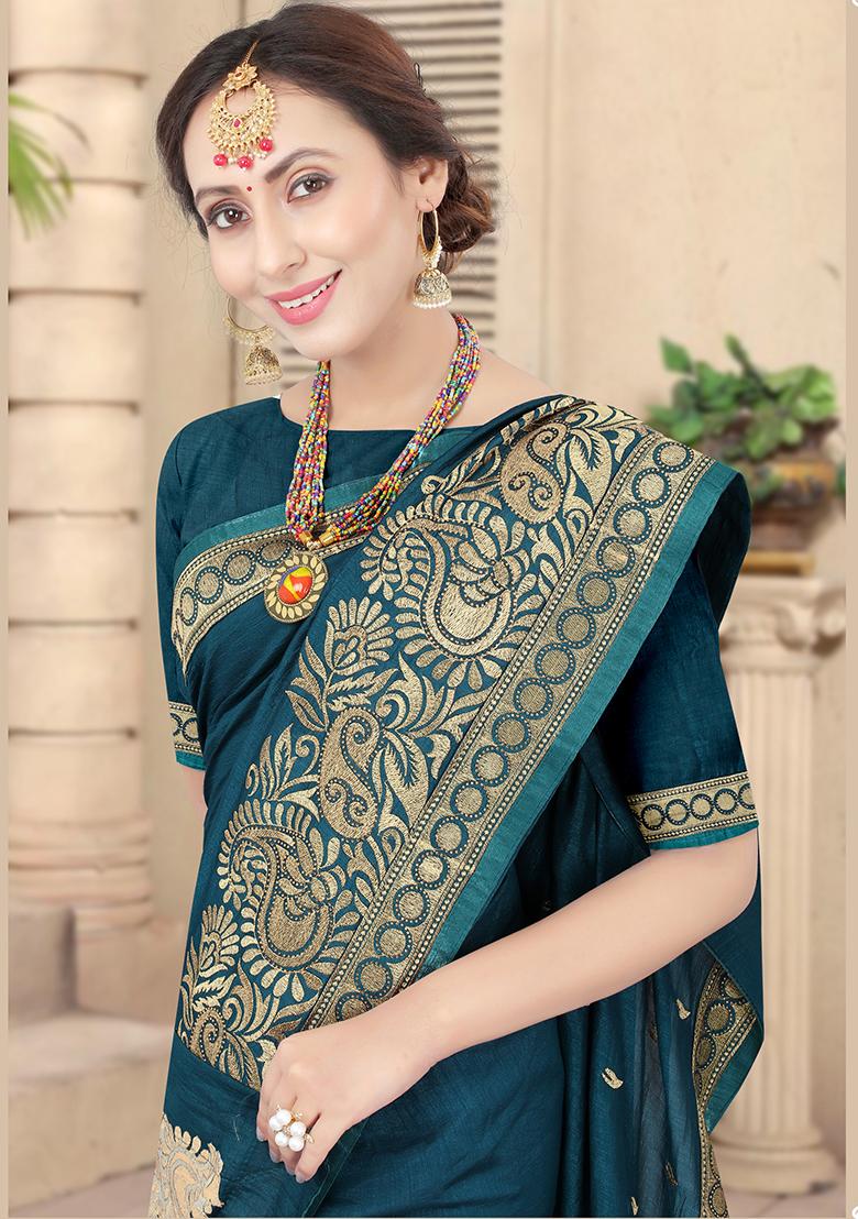 Morpeach Embroidery Silk Saree Set - Indya