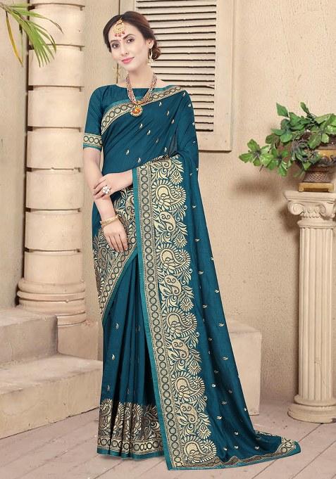 Morpeach Embroidery Silk Saree Set