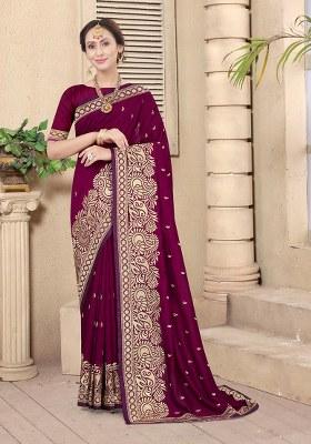 Wine Embroidery Silk Saree Set