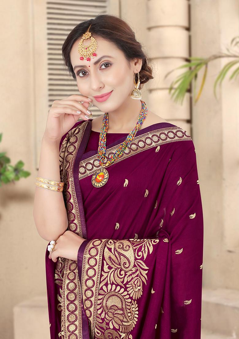 Wine Embroidery Silk Saree Set - Indya
