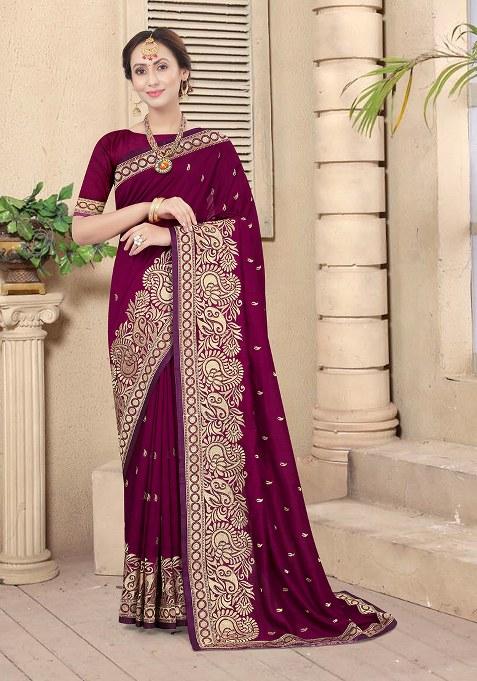 Wine Embroidery Silk Saree Set