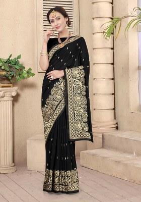 Black Embroidery Silk Saree Set