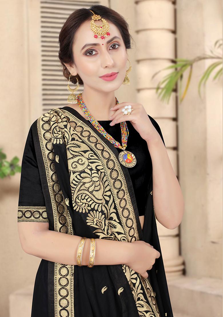 Black Embroidery Silk Saree Set - Indya