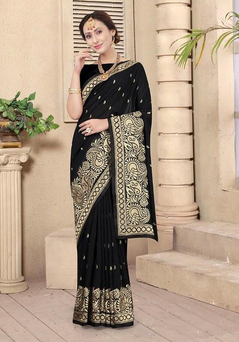 Black Embroidery Silk Saree Set