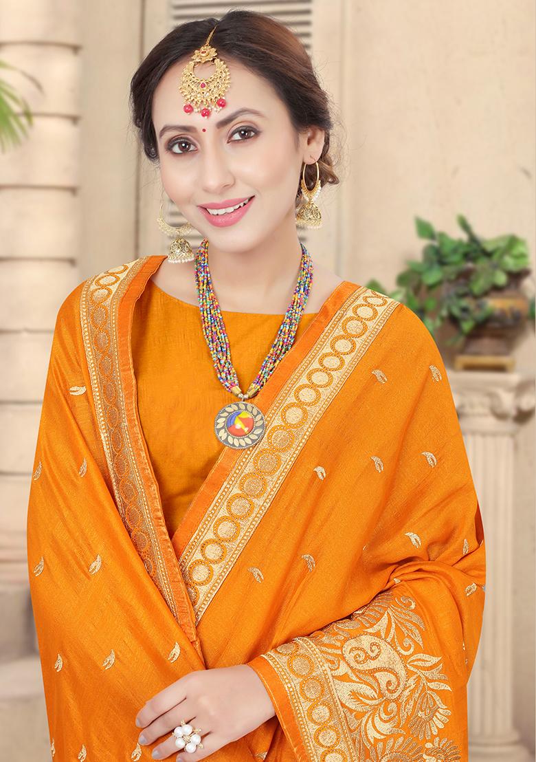 Mustard Embroidery Silk Saree Set - Indya