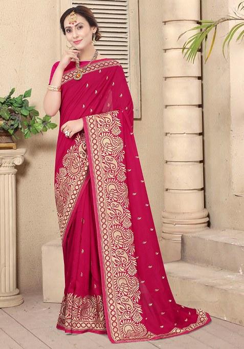 Rani Pink Embroidery Silk Saree Set