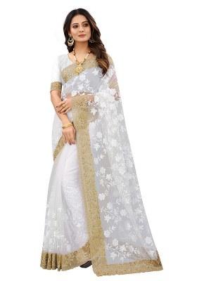 White Embroidery Net Saree Set