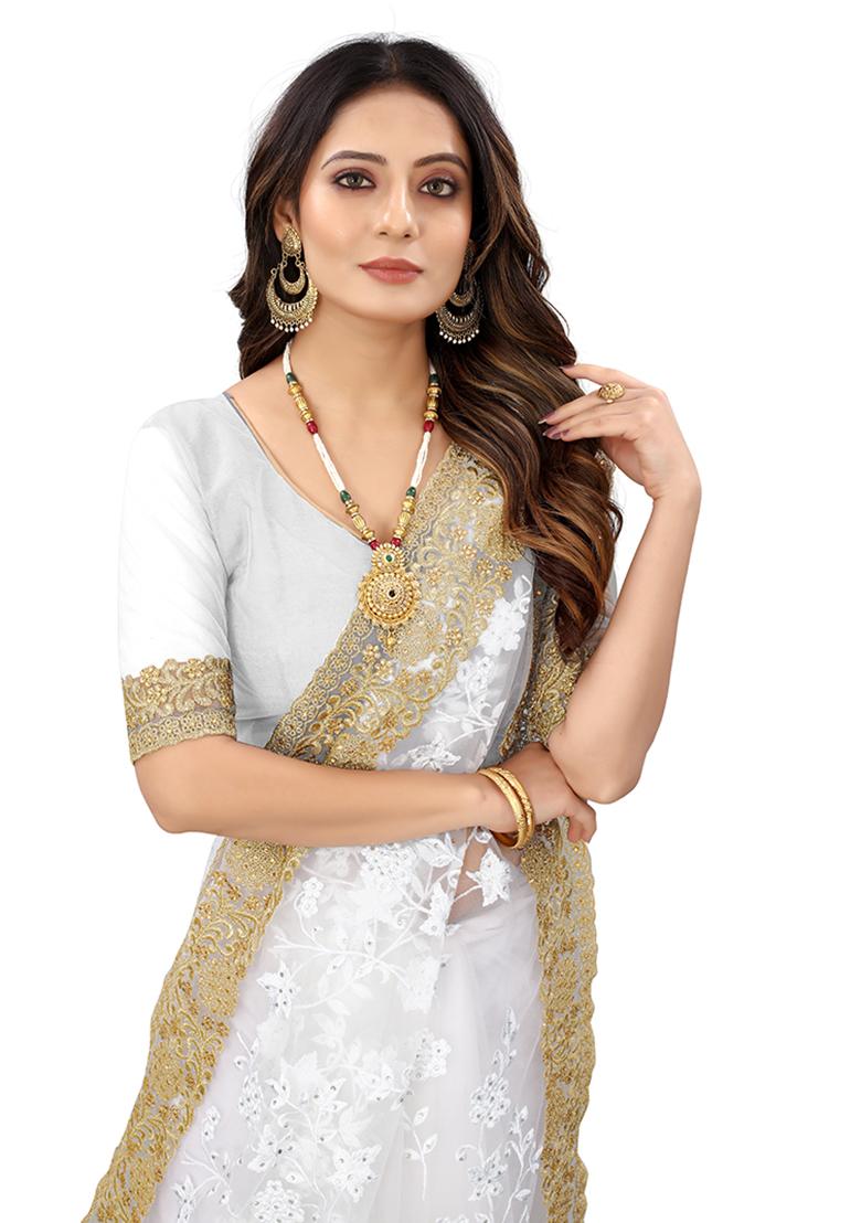 White Embroidery Net Saree Set - Indya