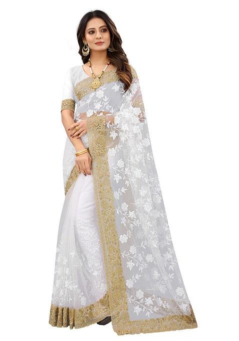 White Embroidery Net Saree Set