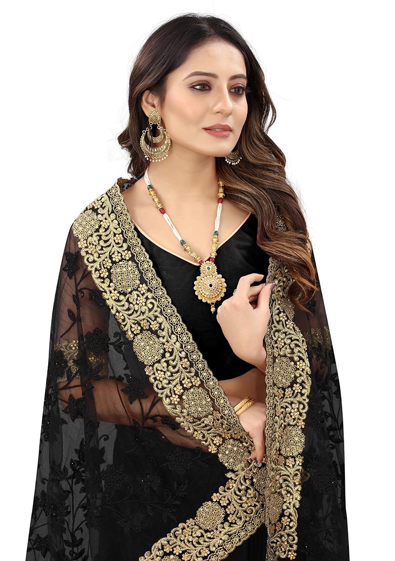 Black Embroidery Net Saree Set - Indya