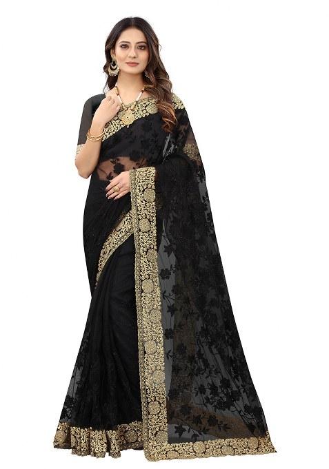 Black Embroidery Net Saree Set