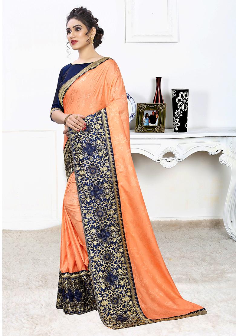 Light Orange Embroidery Silk Saree Set - Indya