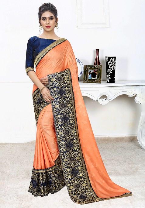 Light Orange Embroidery Silk Saree Set