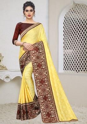 Light Yellow Embroidery Silk Saree Set
