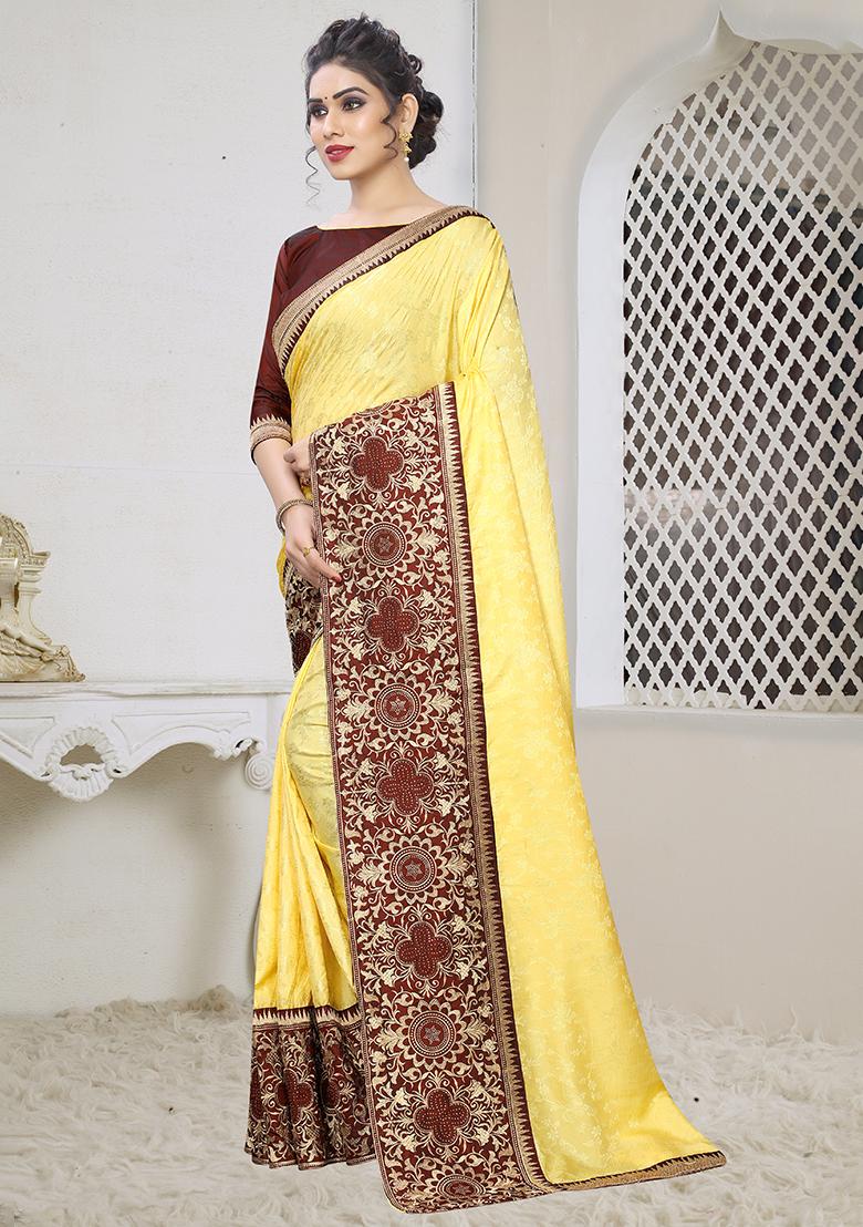 Light Yellow Embroidery Silk Saree Set - Indya