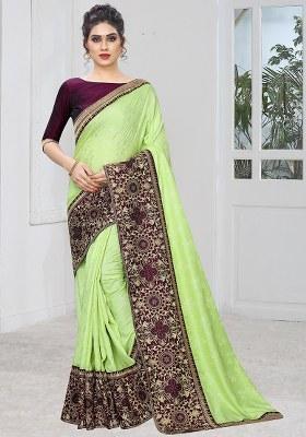 Light Pista Embroidery Silk Saree Set