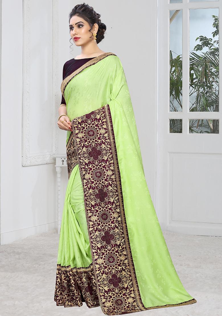 Light Pista Embroidery Silk Saree Set - Indya