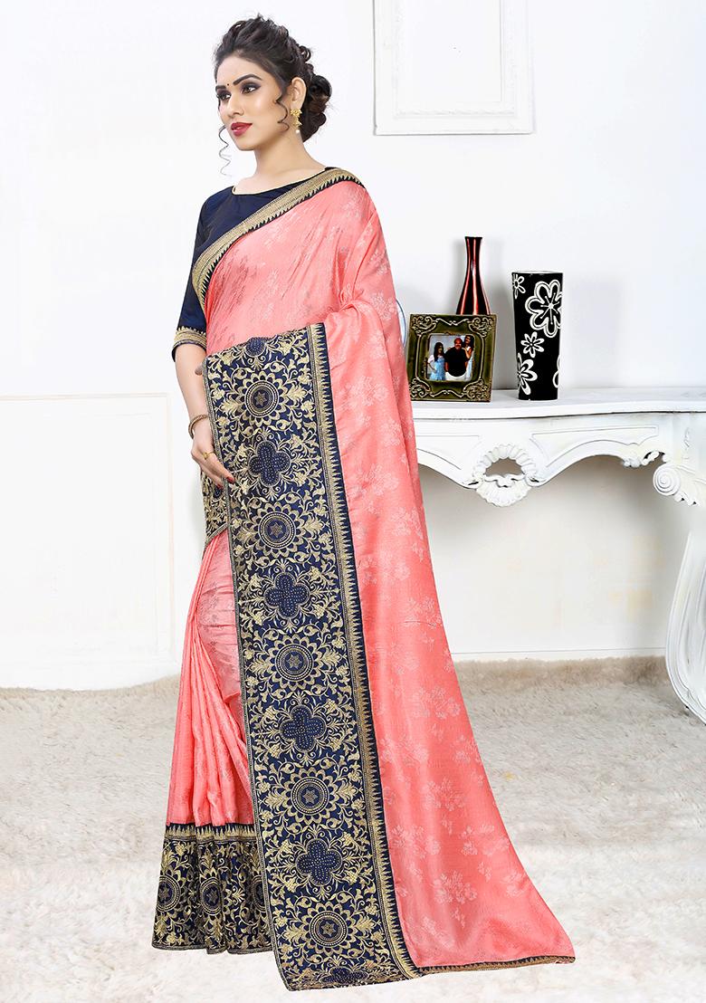 Light Pink Embroidery Silk Saree Set - Indya
