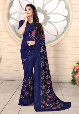 Navy Blue Embroidery Silk Saree Set