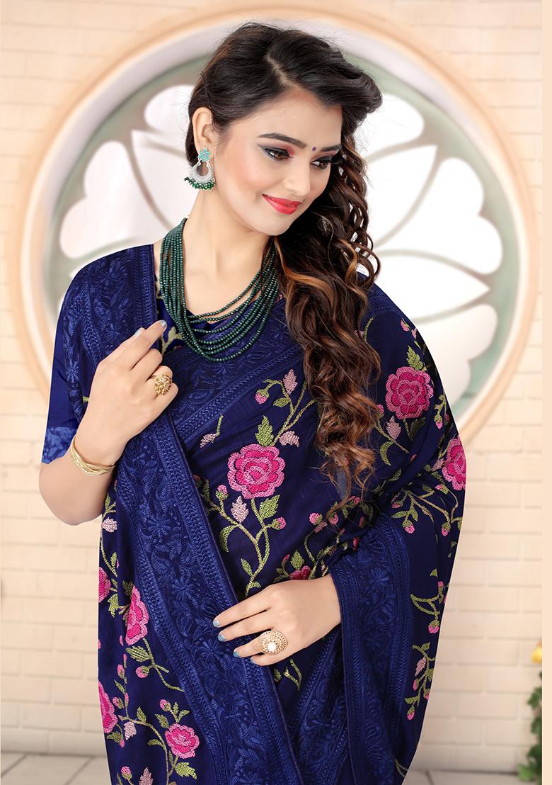 Navy Blue Embroidery Silk Saree Set - Indya