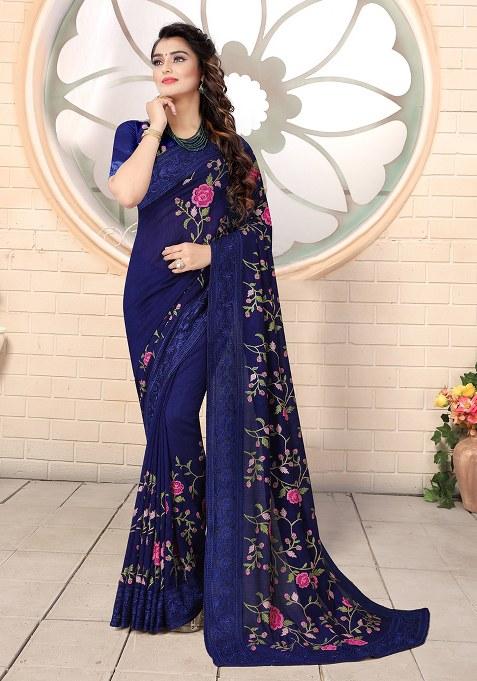 Navy Blue Embroidery Silk Saree Set